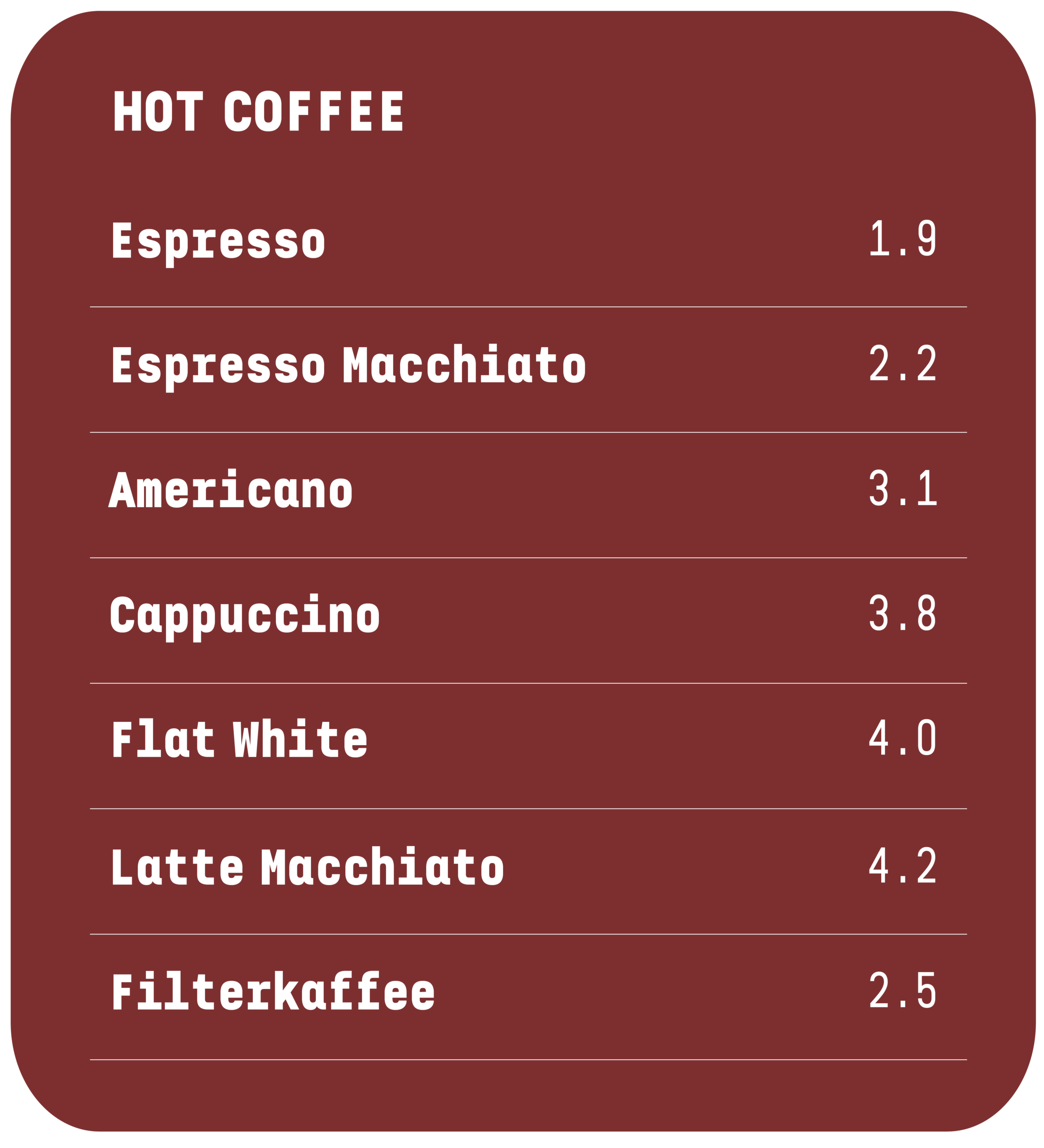 Menu heisse getränke wie cafe